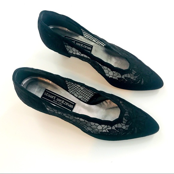 VTG Stuart Weitzman Black Structured Lace Low Heel - Picture 2 of 13